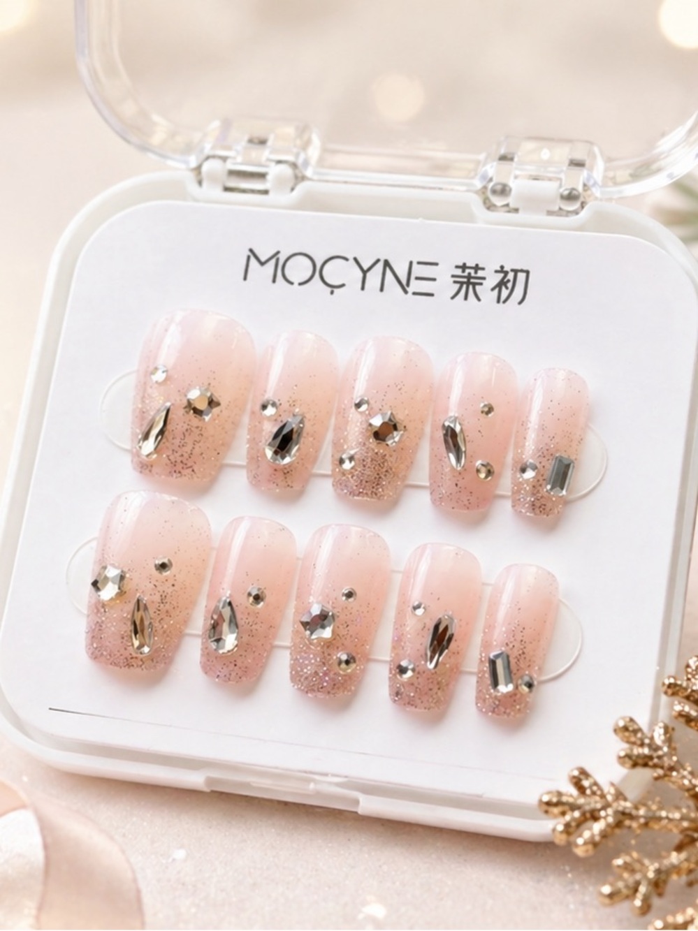 Press-On Nails with Pink Glitter and Rhinestones